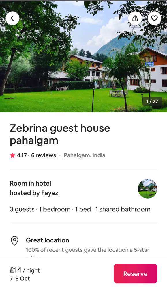 Pahalgam, Zebrina Guest House